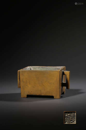 A GILT BRONZE SQUARE MANGER-FORM INCENSE BURNER