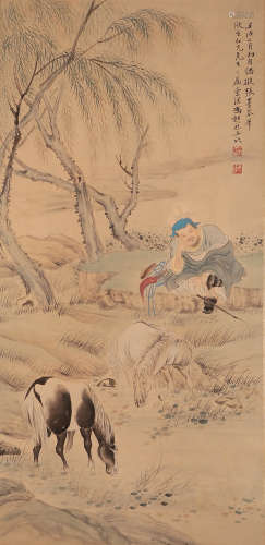 A CHINESE FIGURE AND HORSE PAINTING SCROLL, FENG CHAORAN MAR...