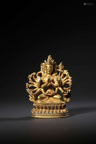 A GILT BRONZE STATUE OF THOUSAND-ARM AVALOKITESVARA