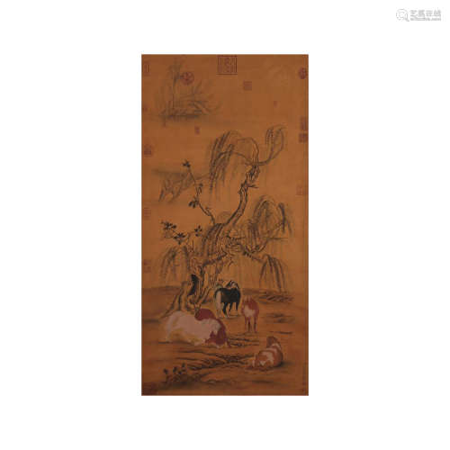 A CHINESE HORSE GROUP PAINTING SILK SCROLL, LANG SHINING MAR...