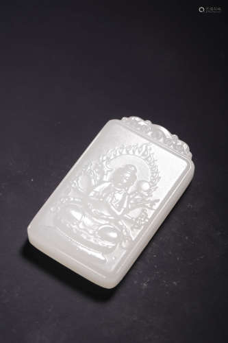 A WHITE JADE THOUSAND-HAND AVALOKITESVARA PLAQUE PENDANT