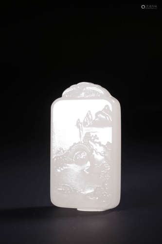 A CARVED WHITE JADE LANDSCAPE PLAQUE PENDANT