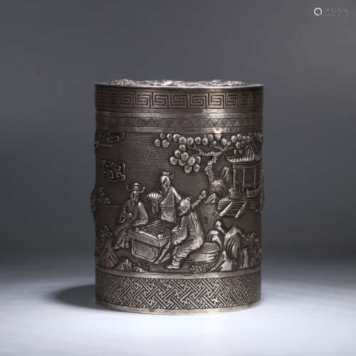 A CHINESE SILVER JAR  WITH CHARACTER STORY