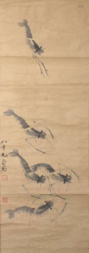 A CHINESE FIVE SHRIMPS PAINTING SCROLL, QI BAISHI MARK