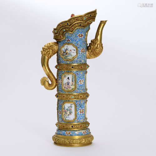 A Important and Fine Chinese Gilt bronze Enamel Cloisonne Hu