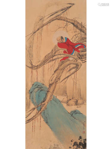 A CHINESE ARHAT PAINTING PAPER SCROLL, DING GUANPENG MARK