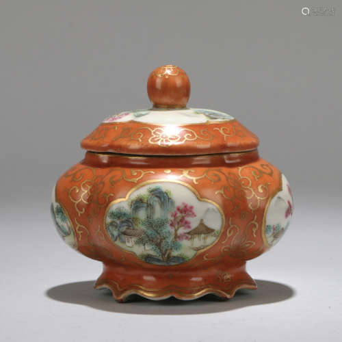 A CHINESE RED GLAZED PORCELAIN POT WITH LANDSCAPE