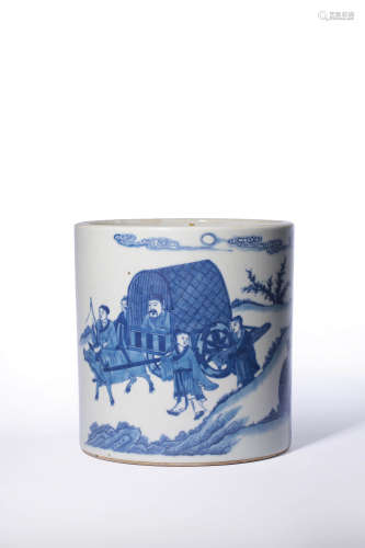 A BLUE AND WHITE FIGURE BRUSH POT