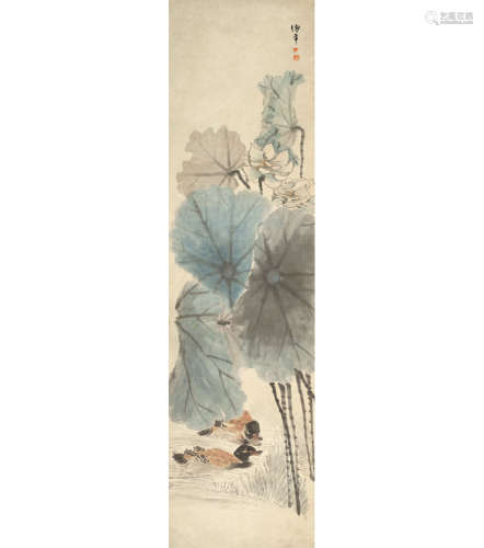A CHINESE LOTUS GROUP AND DUCK PAINTING SCROLL, REN BONIAN M...