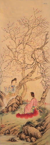 A CHINESE LADY PAINTING PAPER SCROLL, LU XIAOMAN MARK