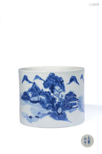 A BLUE AND WHITE INSCRIBED FIGURE AND LANDSCAPE BRUSH POT