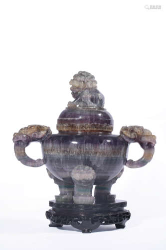 A CARVED FLUORITE STONE LION-FINIAL DOUBLE-EARED TRIPOD CENS...