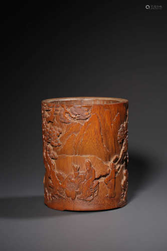 A CARVED BAMBOO SCHOLAR AND PINE BRUSH POT