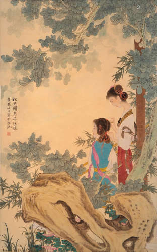 A CHINESE LADY PAINTING SCROLL, XU CAO MARK