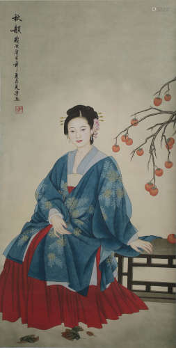 A CHINESE FIGURE AND AUTUMN PAINTING SCROLL, WANG MEIFANG MA...