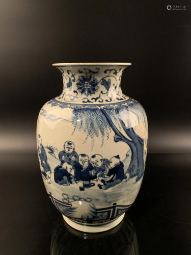 Chinese Blue and White Porcelain Vase with Children