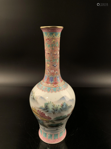 Chinese Famille Rose Porcelain Landscape Vase