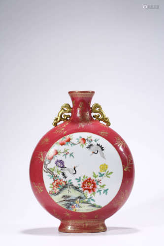 A Famille Rose And Rouge-Red-Glaze Peony And Birds Moonflask