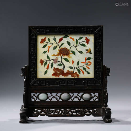 A Hardstone Inlaid Floral Table Screen