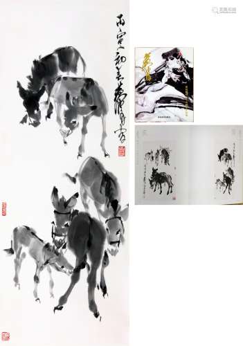 A Chinese Five Donkey Painting, Huang Zhou Mark