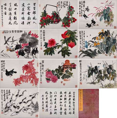 A Set of Nine Flower& Bird Album Paintings,  Qi Bai Shi Mark