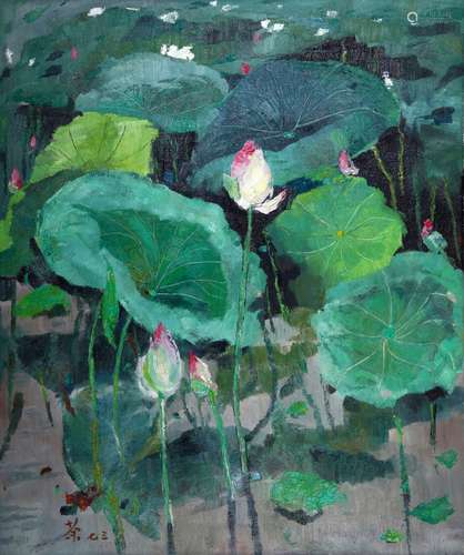 A Chinese Lotus Pond Painting, Wu Guan Zhong Mark