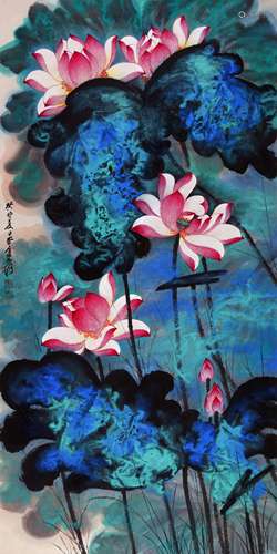 A Chinese Lotus Painting, Zhang Da Qian Mark