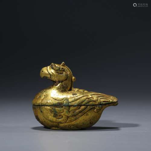 A Gilt Bronze Mandarin Duck-Shaped Box And Cover