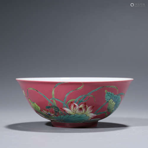 A Rouge-Red-Glaze Butterfly And Lotus Inscribed Bowl