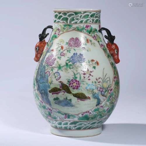 A Famille Rose Magpie And Prunus Double Deer-Eared Vase, Zun