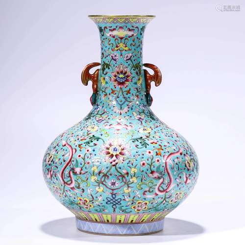 A Turquoise-Ground Famille Rose Floral Bottle Vase