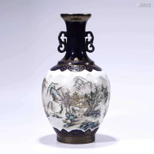 A Sacrificial Blue Glaze Famille Rose Dish-Top Vase