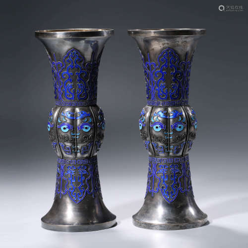 A Pair Of Silver Enamel Beaker Vases