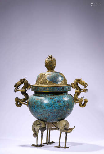 A Cloisonne Enamel Crane-Legged Tripod Incense Burner