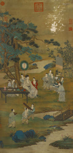 A Chinese Figure Painting Scroll, Lang Shining Mark