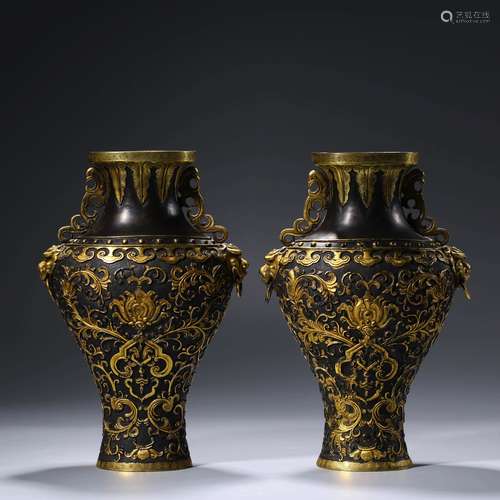 A Pair Of Parcel-Gilt Bronze Beast Vases