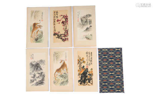 A Set Of 12 Chinese Tiger And Landscape Paintings By Rong Ba...