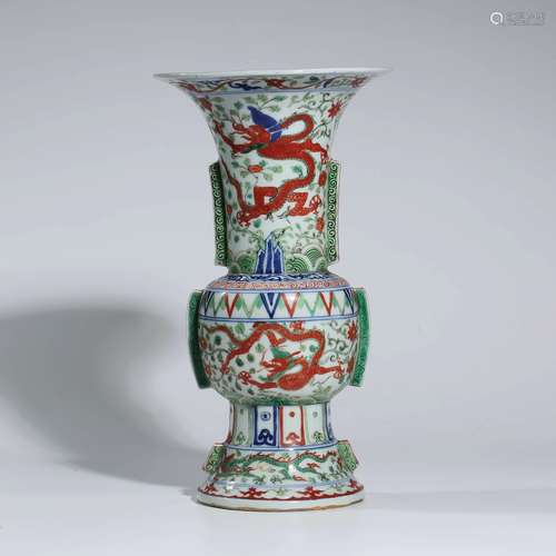 A Wucai Dragon And Interlocking Lotus Beaker Vase