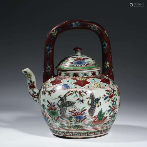 A Wucai Flowers And Birds Loop-Handle Teapot