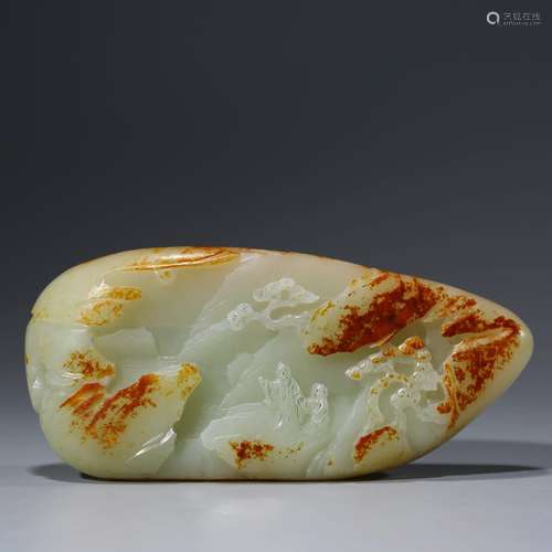 A Carved White And Brownish Jade Landscape Boulder Ornament