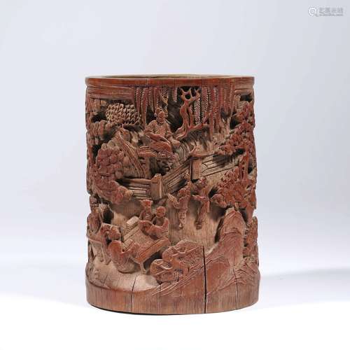 A Carved Wood Figure Brush Pot