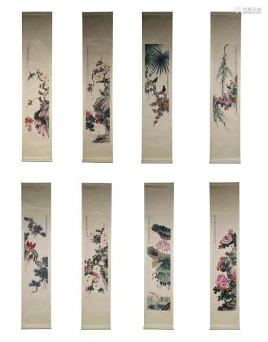 A Set Of Eight Chinese Flowers And Birds Painting Scroll, Ya...