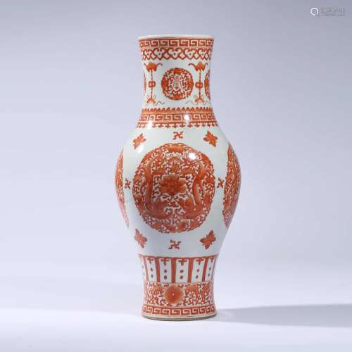 An Iron-Red-Glaze Chilong Olive-Form Vase