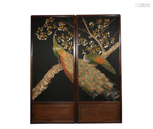 A Pair Of Two Embroidered Peacock Folding Screens