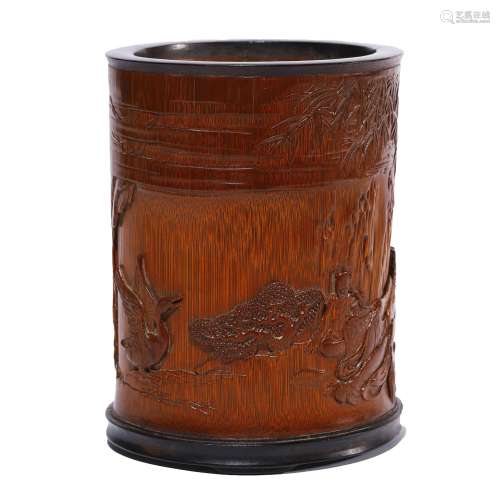 A Carved Bamboo Figure And Landscape Brush Pot