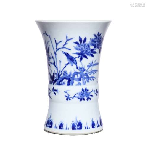 A Blue And White Flowers And Birds Brush Pot