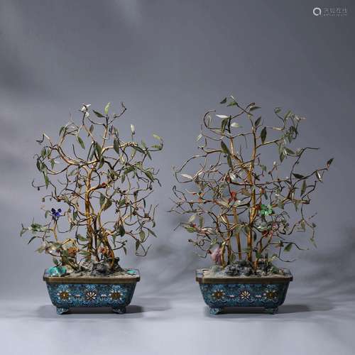 A Pair Of Cloisonne Enamel Gems Inlaid Bonsais