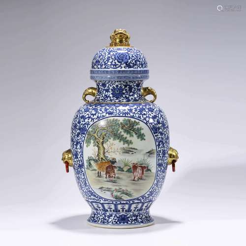 A Blue And White And Gilt-Decorated Double Lion-Eared Jar An...