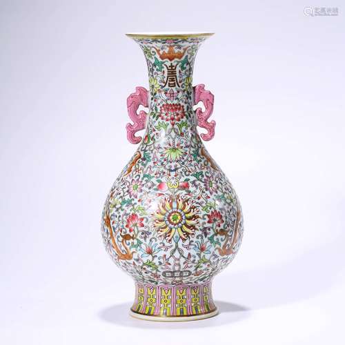 A Famille Rose Interlocking Lotus Chilong Globular Vase