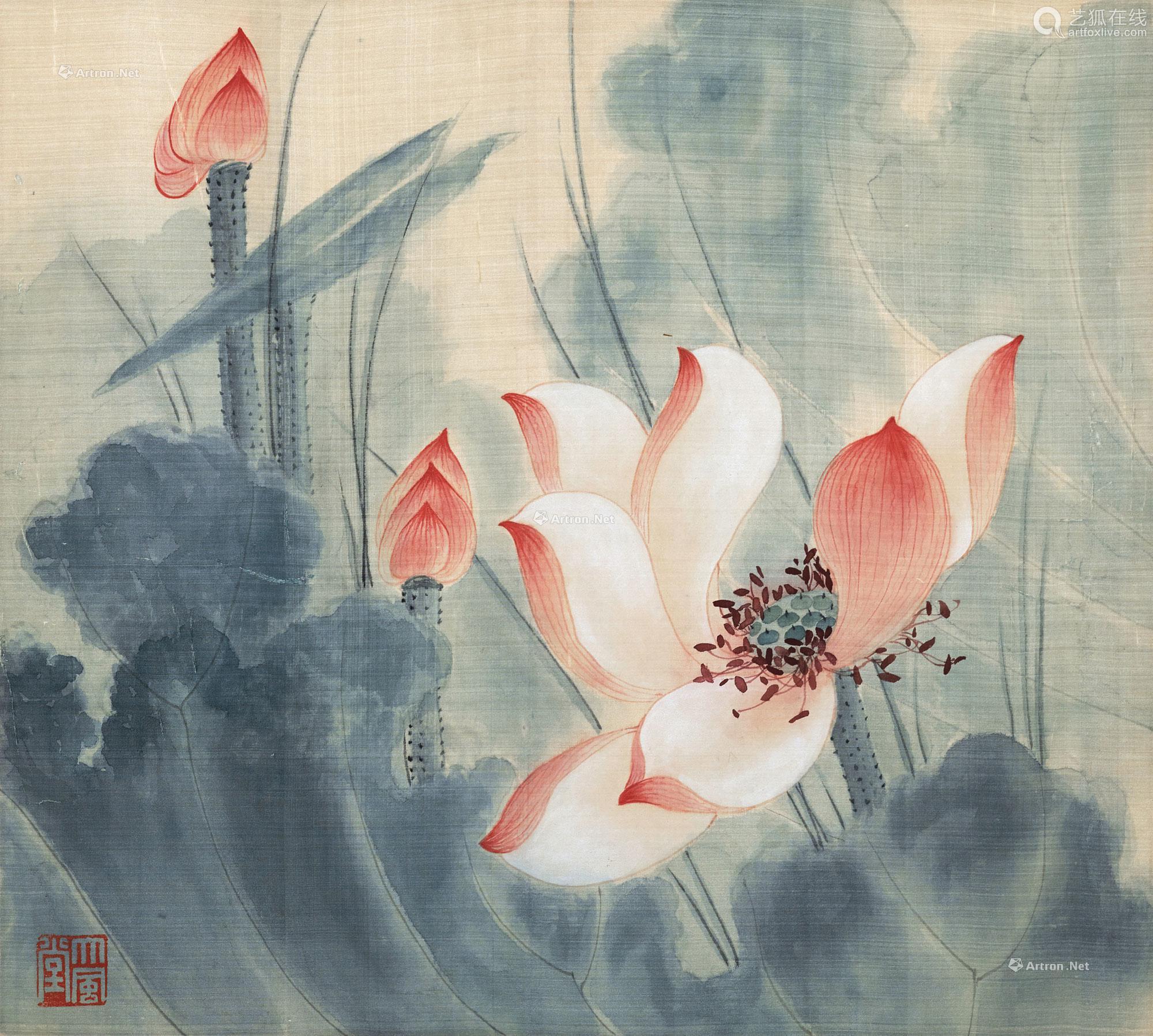 张大千(1899～1983 红荷 镜芯 绢本设色